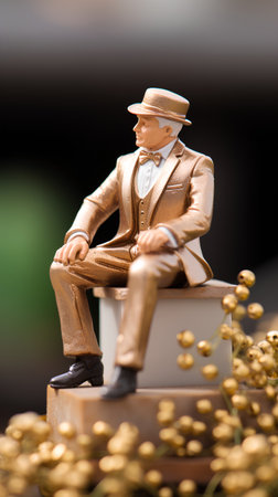 Miniature people: gentleman sitting on a cake. Selective focus.の素材