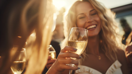 Group of friends having a party on a rooftop, clinking glasses with champagneの素材