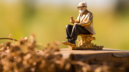 Old man sitting on a log in an oat field. Selective focus.の素材