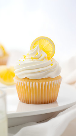 Lemon cupcake with whipped cream and lemon slice on white backgroundの素材