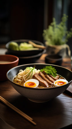 Japanese ramen noodle with pork and egg in bowl on wooden tableの素材