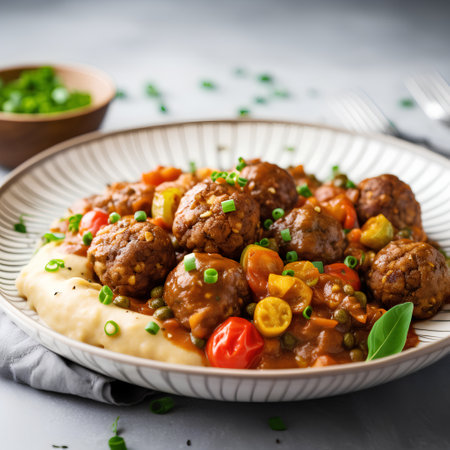 Meatballs with vegetables and mashed potatoes on a plate, selective focus.の素材