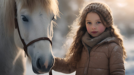 Little girl and white horse in the winter forest. Portrait of a child and a horse.の素材