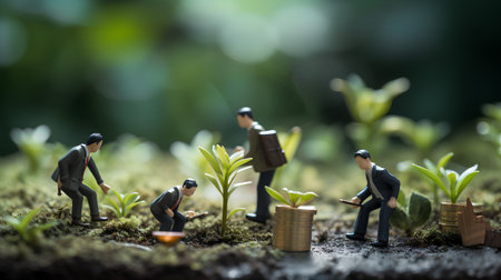 Miniature people : Businessman planting tree on the ground. Business growth concept.の素材