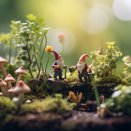 Miniature people: Santa Claus and elf on the green moss backgroundの素材