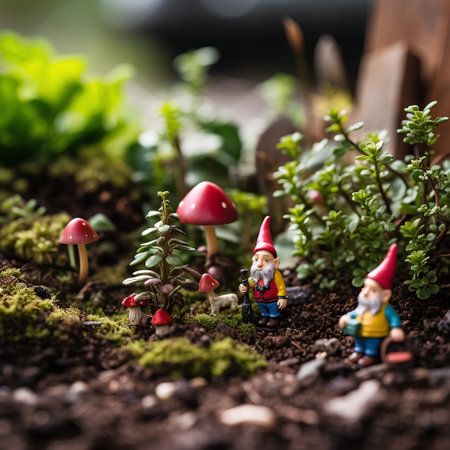 Miniature garden gnomes on moss background, Christmas and New Year conceptの素材
