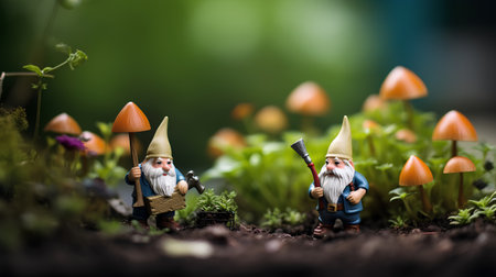 Miniature garden gnomes with wooden axe on green bokeh backgroundの素材