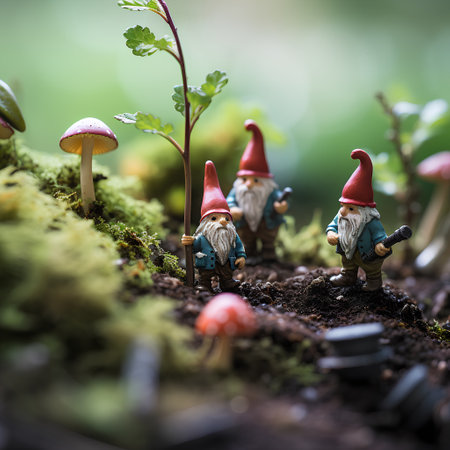 Miniature garden gnomes on moss background. Selective focus.の素材