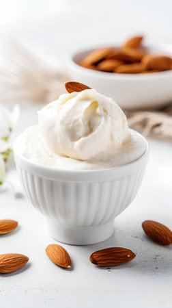 Almond ice cream with almonds in white bowl on white background.の素材