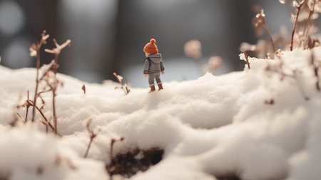 Miniature people : Traveler standing on the snow in winter forestの素材