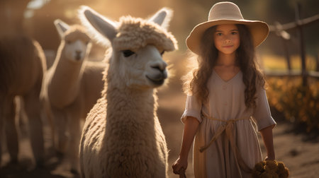 Portrait of a beautiful little girl in a straw hat and a long dress with llamaの素材