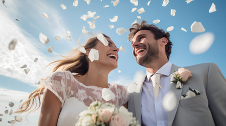 Happy bride and groom on the background of the sky with white cloudsの素材
