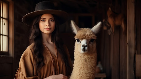 Portrait of a beautiful young woman with alpaca in the barn.の素材