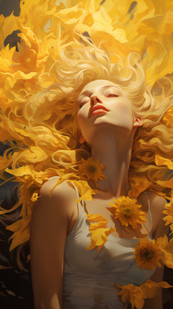 Beautiful girl with sunflowers in her hair. Vector illustration.の素材