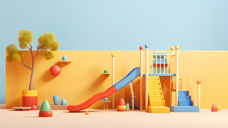 Playground with childrens slide and trees. Vector 3d illustration.の素材