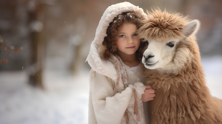 Cute little girl with alpaca in winter forest, outdoorsの素材