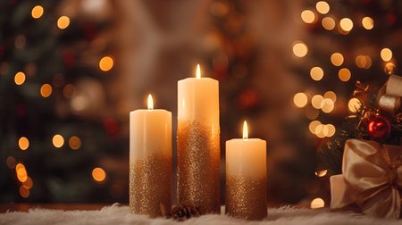 Burning candles and Christmas tree on bokeh background, christmas timeの素材