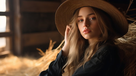 Portrait of a beautiful girl in a straw hat on a haystackの素材