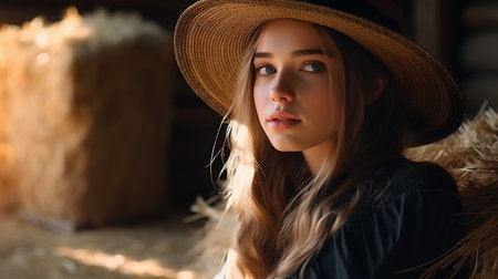 Portrait of a beautiful girl in a straw hat on a haystackの素材