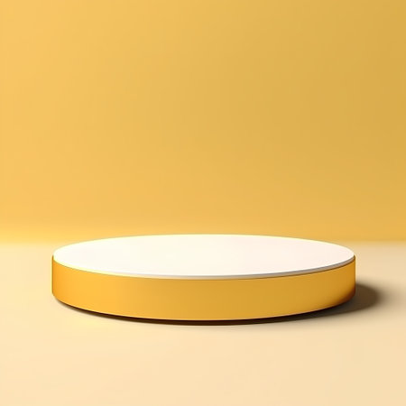 3d rendering of a golden round podium on a yellow background.の素材