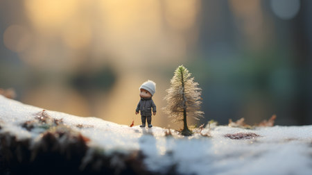 Miniature people: Little boy walking in the winter forest with snow.の素材