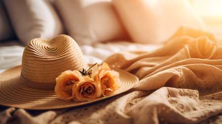 Straw hat with orange rose on bed in the morning sunlight.の素材