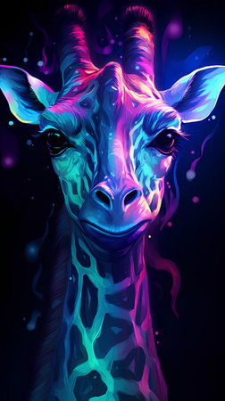 Giraffe head in neon colors on a black background. Vector illustration.の素材