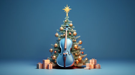 Christmas tree with a violin and gifts 3d render on blue backgroundの素材