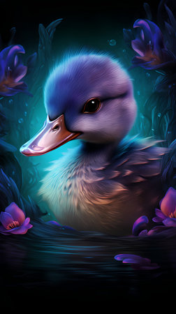 Illustration of a beautiful blue duck swimming in a pond with flowersの素材