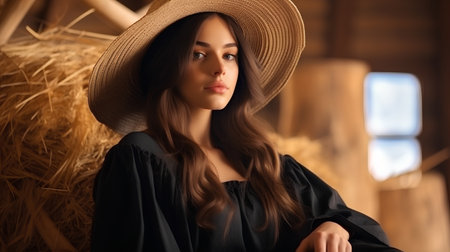 Portrait of a beautiful young woman in a straw hat and coatの素材