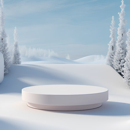 3d render of a winter landscape with a podium on a white background.の素材
