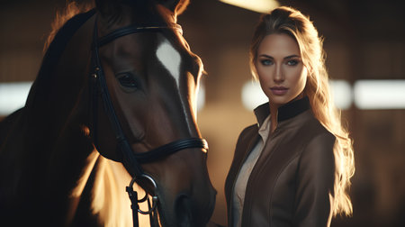Portrait of a beautiful young woman with a horse in the stableの素材