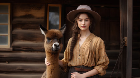 Beautiful young woman with alpaca on the background of wooden houseの素材