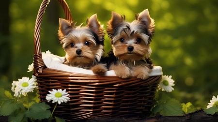 Two puppies of Yorkshire Terrier in a basket on a green backgroundの素材