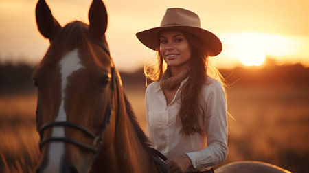 Beautiful young woman in cowboy hat and white shirt riding a horse at sunsetの素材