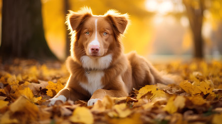 Red Nova Scotia Duck Tolling Retriever lying in autumn leavesの素材