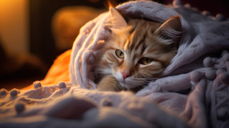 Cute ginger cat lying on the bed under a blanket at homeの素材