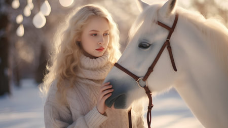 Beautiful young woman with white horse in winter park. Portraitの素材