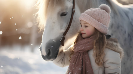 Cute little girl with a white horse on a sunny winter dayの素材