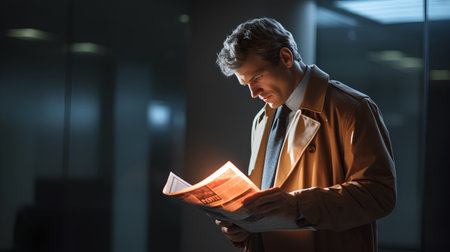 Handsome businessman reading newspaper in office. He is looking at it and smilingの素材
