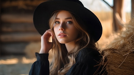 Portrait of a beautiful girl in a black hat on the farmの素材