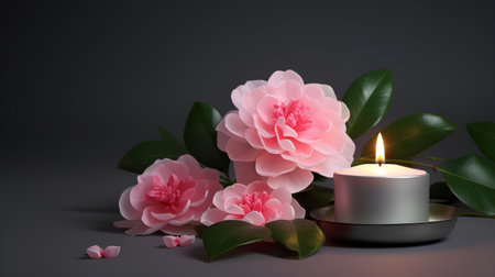 Candle and camellia flowers on dark background. 3d renderingの素材