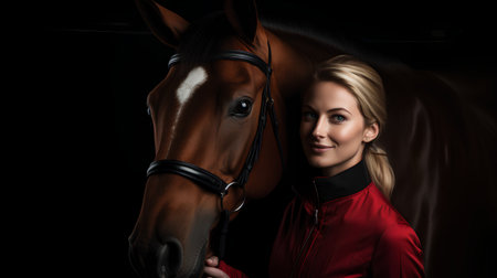 Beautiful young woman in a red dress with a horse on a black backgroundの素材
