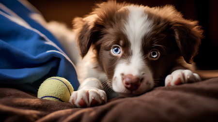 Cute Australian Shepherd puppy lying on the bed with a tennis ball.の素材