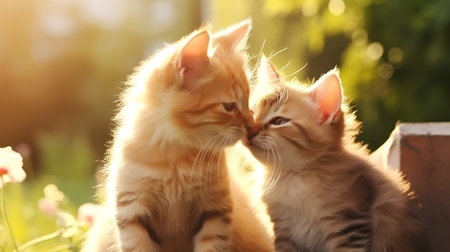 Two little kittens are kissing in the garden on a sunny day.の素材