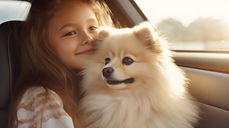 Little girl with white pomeranian dog in a car at sunsetの素材