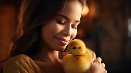 beautiful young woman with yellow duckling in her hands at homeの素材
