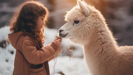 Cute little girl feeding alpaca in snowy winter park.の素材