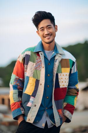 Portrait of a handsome young asian man in a colorful jacketの素材