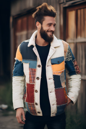 Handsome young man with a beard in a fashionable winter jacket on the streetの素材